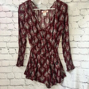 Band of Gypsies Long sleeve Deep V Burgundy Peacock‎ Feather Design Romper Small